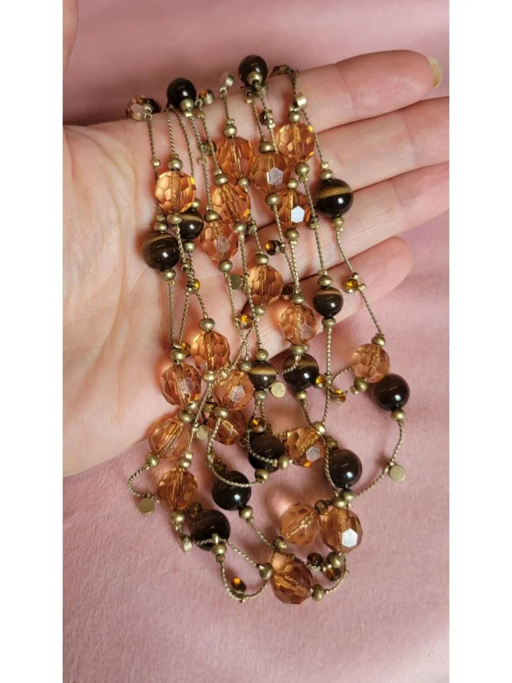 Two-toned Brown Cats Eye Layered Faceted Orange Rhinestone Costume Necklace N1A